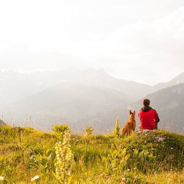 Wanderer mit Hund am Berg