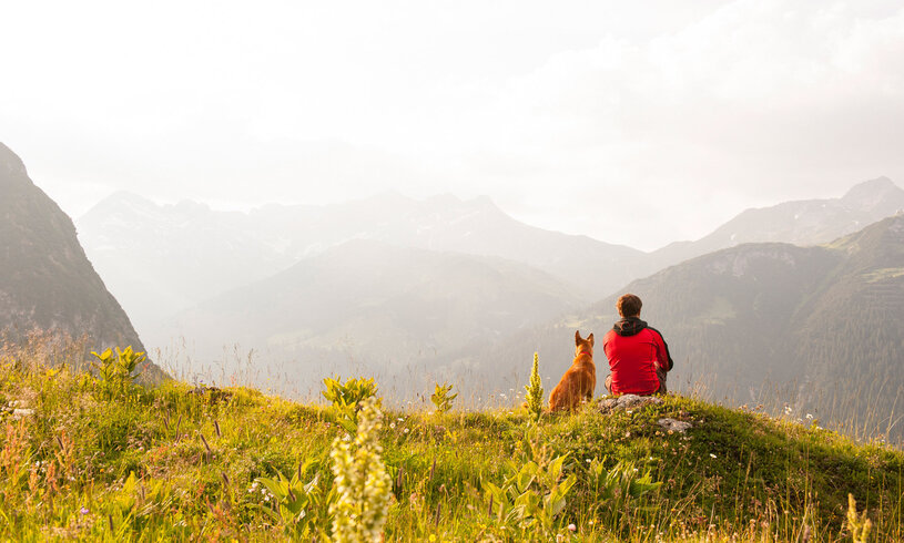 Wanderer mit Hund am Berg